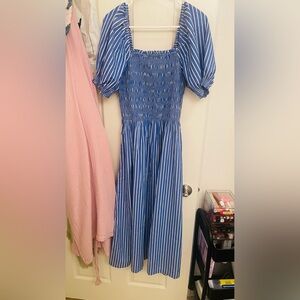 Madewell Blue and White Smocked Midi Dress